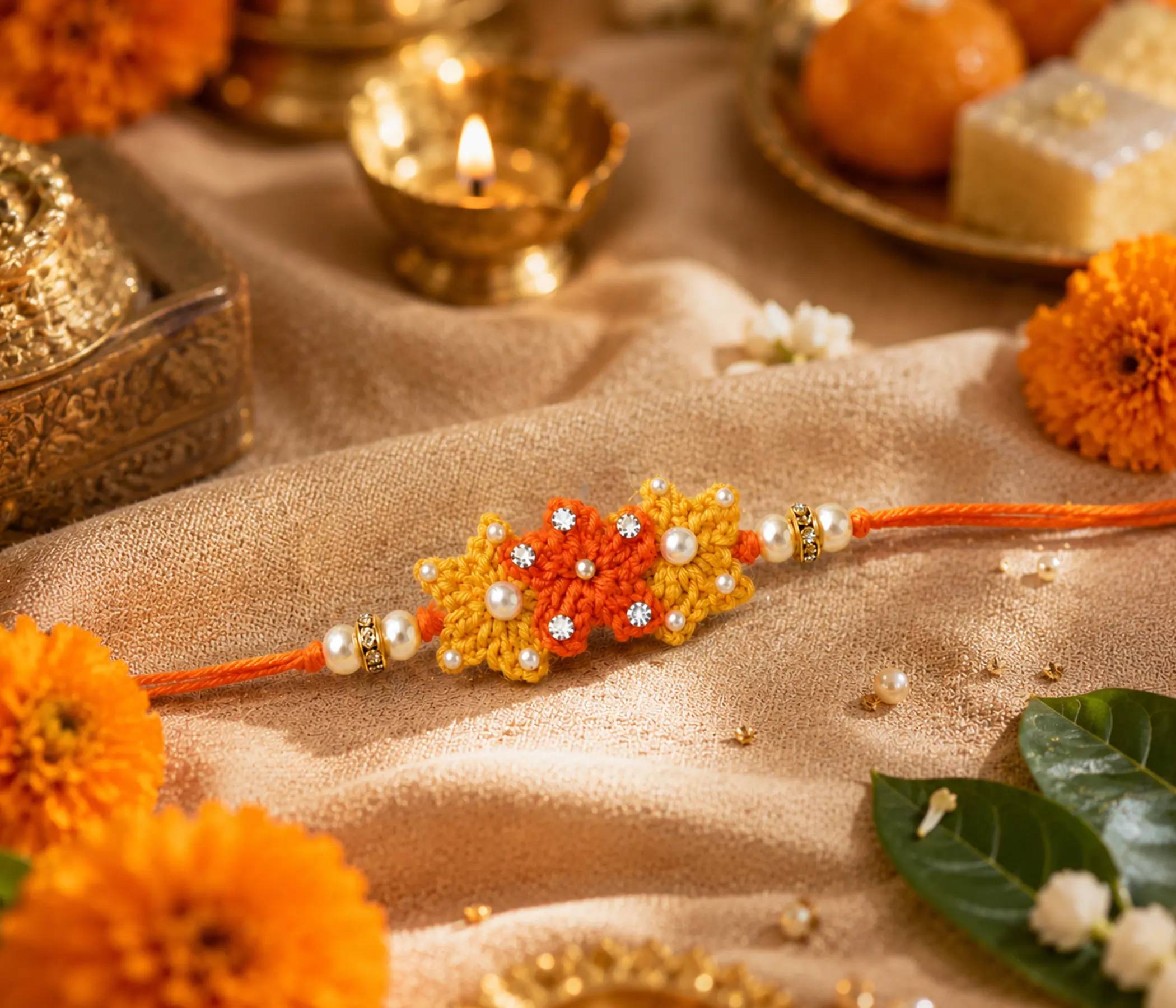 Festive Marigold Tri-Blossom Handcrafted Crochet Rakhi